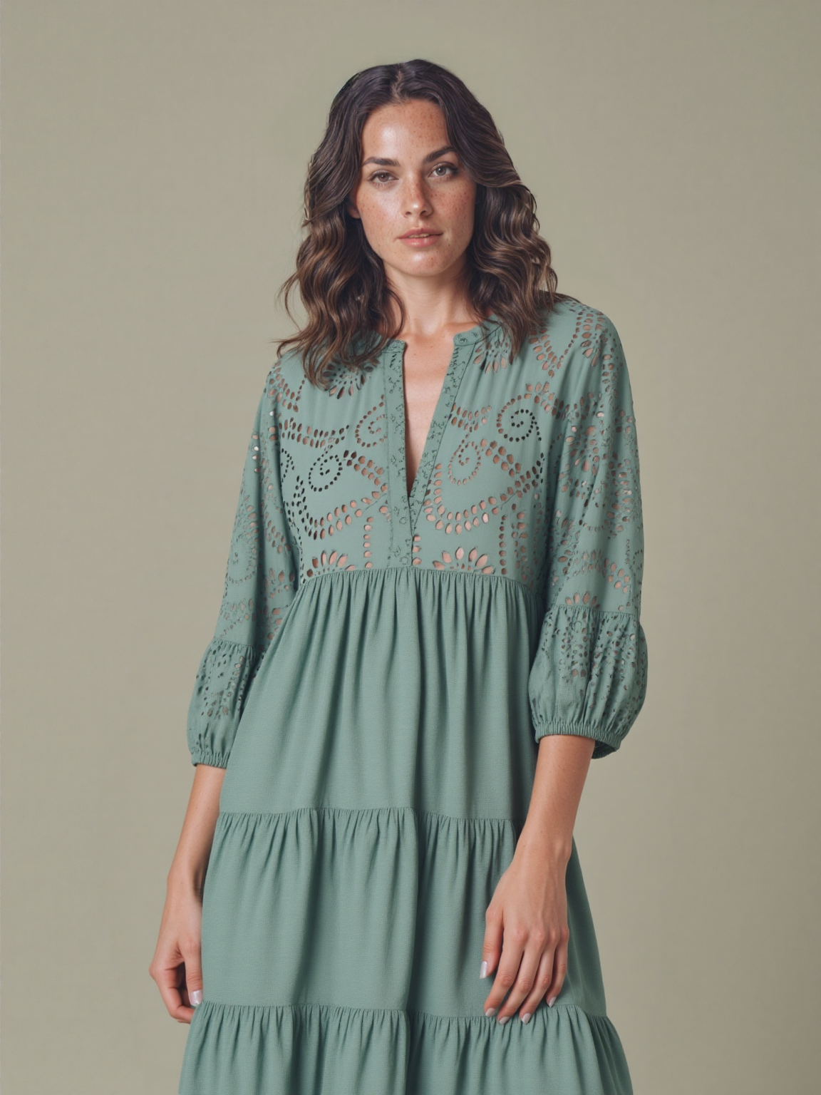 Ellen Khaki Broderie Short Dress
