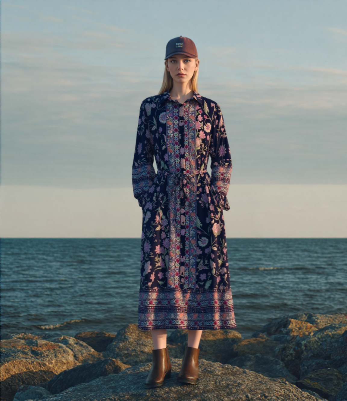 Woman in a long floral dress and cap standing on rocks by the ocean