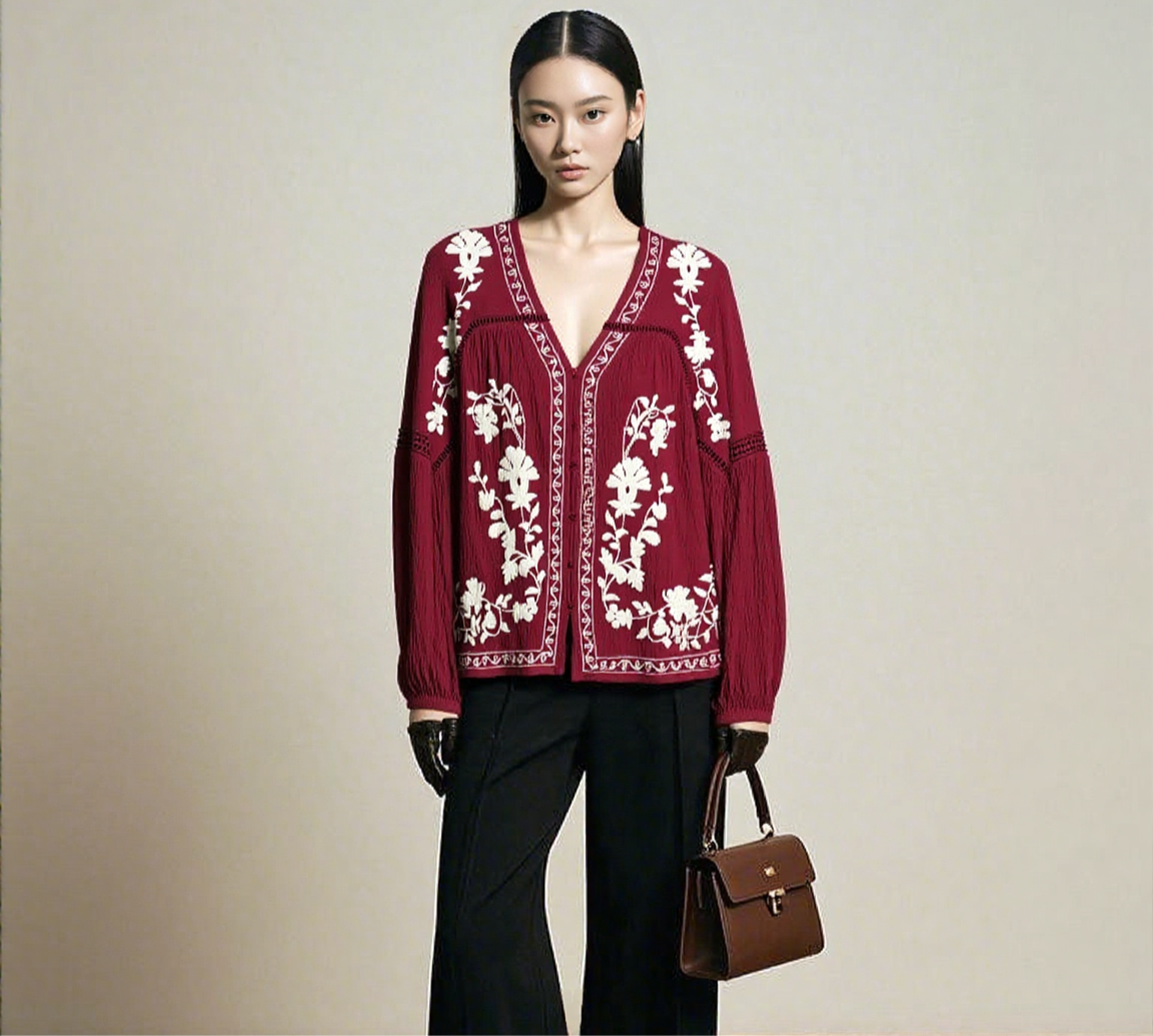 Woman wearing a burgundy blouse with white floral embroidery, black pants, and holding a brown handbag on a beige background.